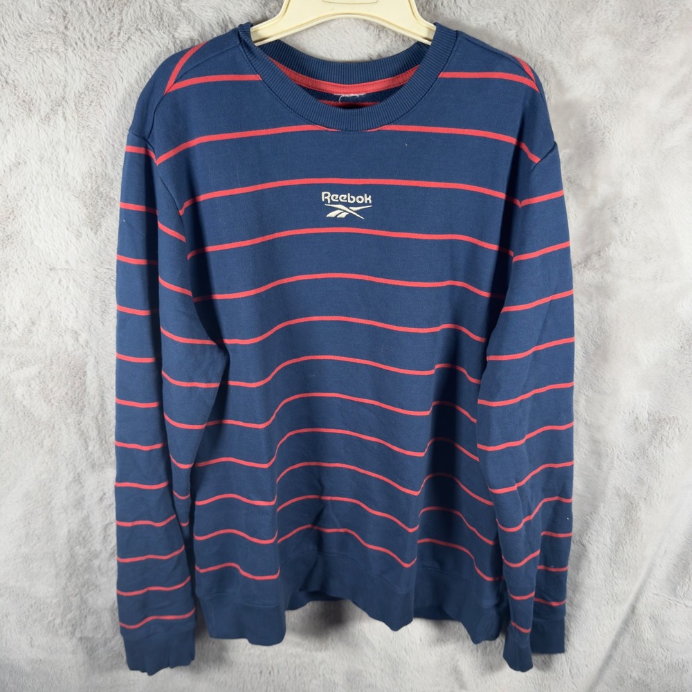 Reebok Mens Striped Crewneck Sweatshirt Navy Blue Red‎ Logo Pullover XL - Picture 2 of 8